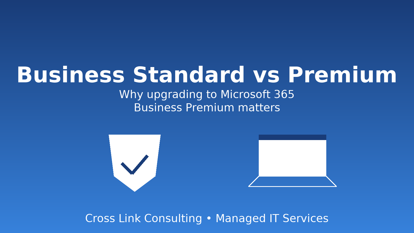 Cover image comparing Microsoft 365 Business Standard and Business Premium, with shield and laptop icons, representing added security and productivity benefits of upgrading.