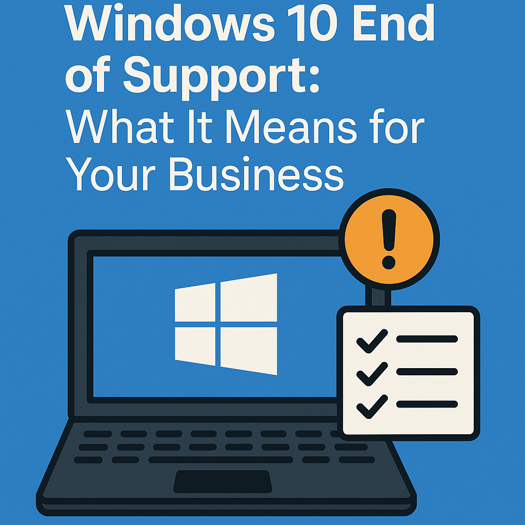 Illustration of a laptop displaying the Windows logo, with a warning icon and a checklist, under the title “Windows 10 End of Support: What It Means for Your Business.