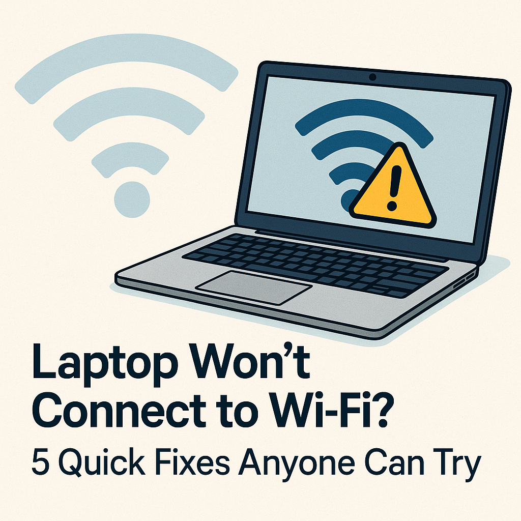 Laptop Won’t Connect to Wi-Fi? 5 Easy Fixes to Try Before Calling Support Illustration of a laptop displaying a Wi-Fi symbol with a yellow warning triangle on the screen, large Wi-Fi icon in the background, and the text “Laptop Won’t Connect to Wi-Fi? 5 Quick Fixes Anyone Can Try” below