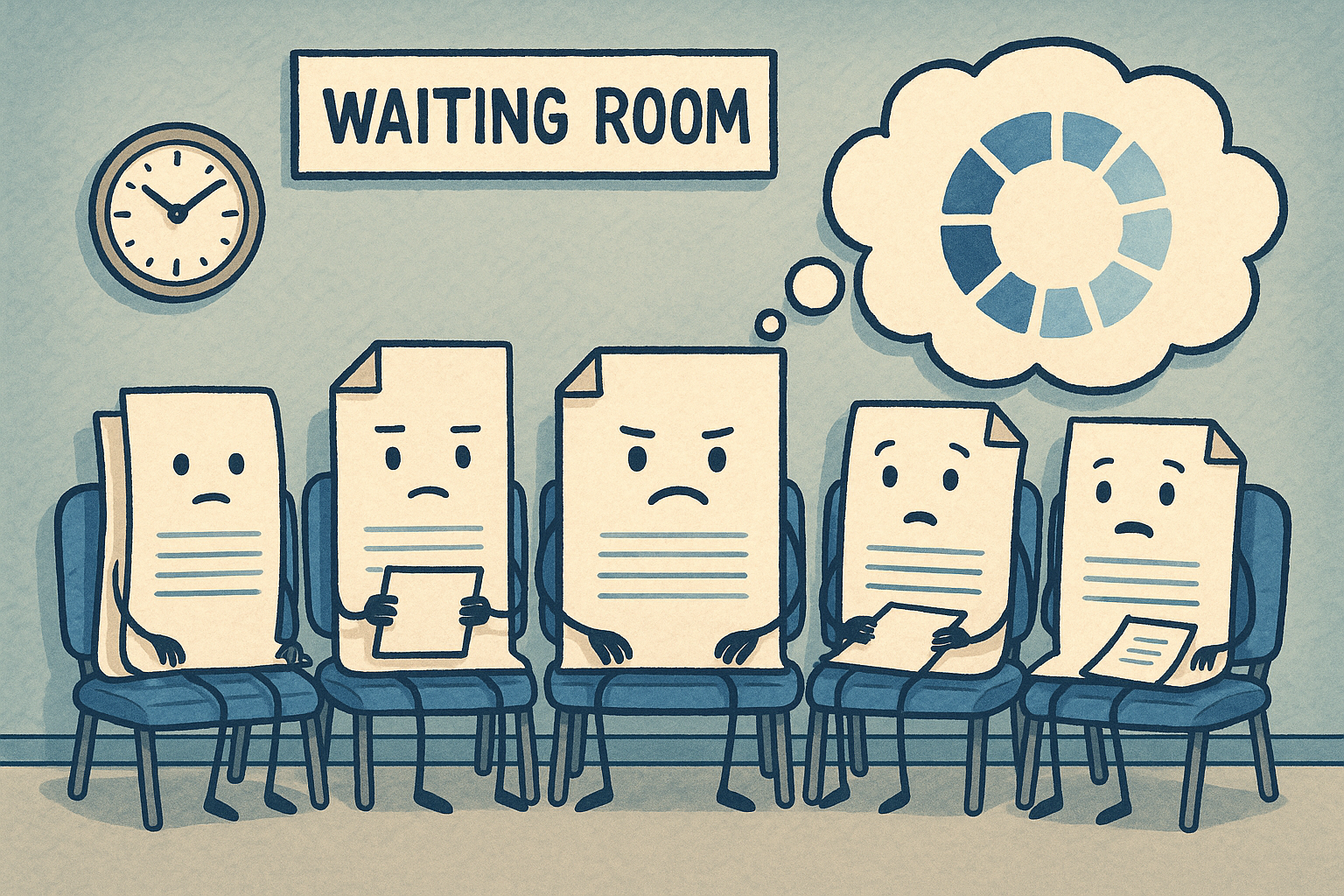 Stuck on ‘Printing’? How to Clear the Print Queue in Windows Illustration of paper documents with faces sitting on chairs in a waiting room labeled “Waiting Room,” symbolizing print jobs stuck in the spooler queue.
