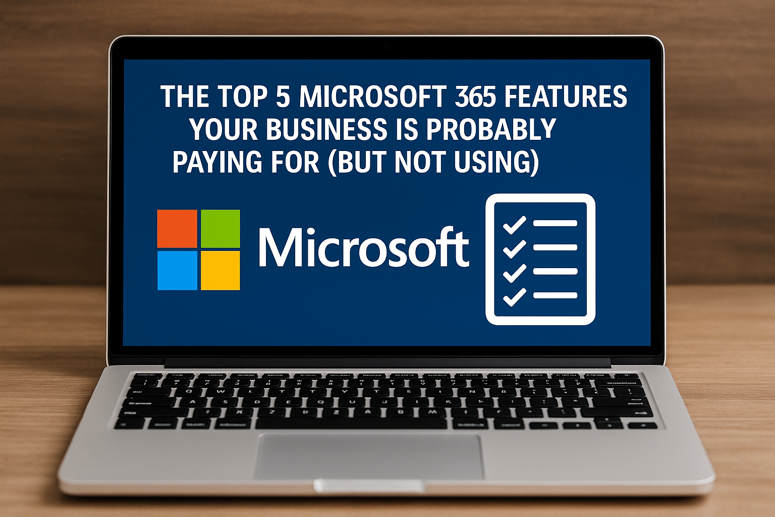 A silver laptop on a wooden desk displays the blog title “Top 5 Microsoft 365 Features Your Business Is Probably Paying For (But Not Using)” with the Microsoft logo and checklist icon on a blue screen