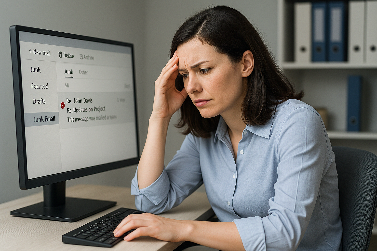 The Junk Folder Trap: Why Important Emails End Up in Spam (and How to Stop It) Businesswoman checking her junk email folder on a desktop computer, illustrating how important client messages can be mistakenly flagged as spam and the need for IT services to improve email filtering.