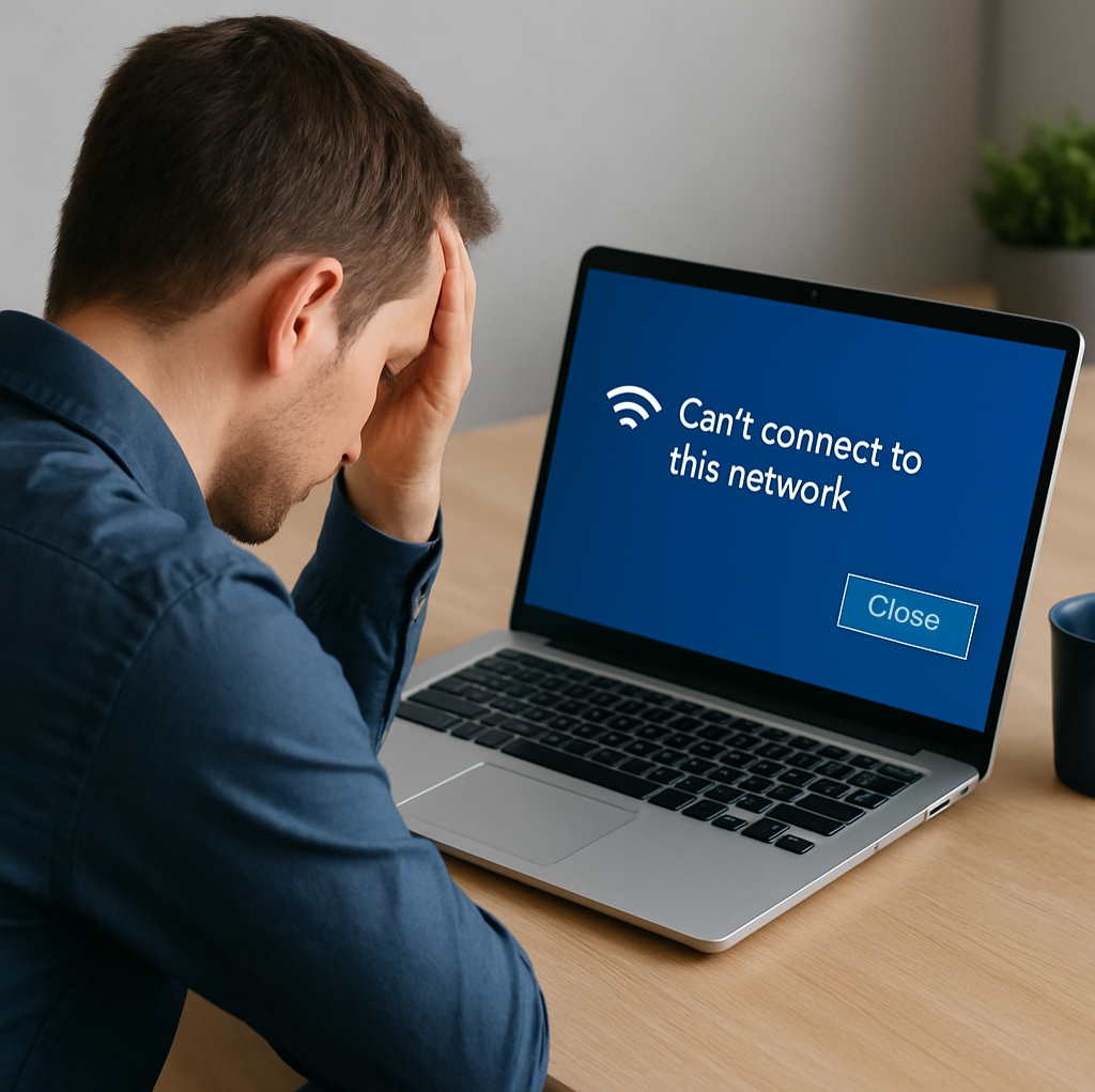 A frustrated man sitting at a desk with a laptop showing the Windows error message ‘Can’t connect to this network,’ symbolizing common Wi-Fi connectivity issues on a PC.