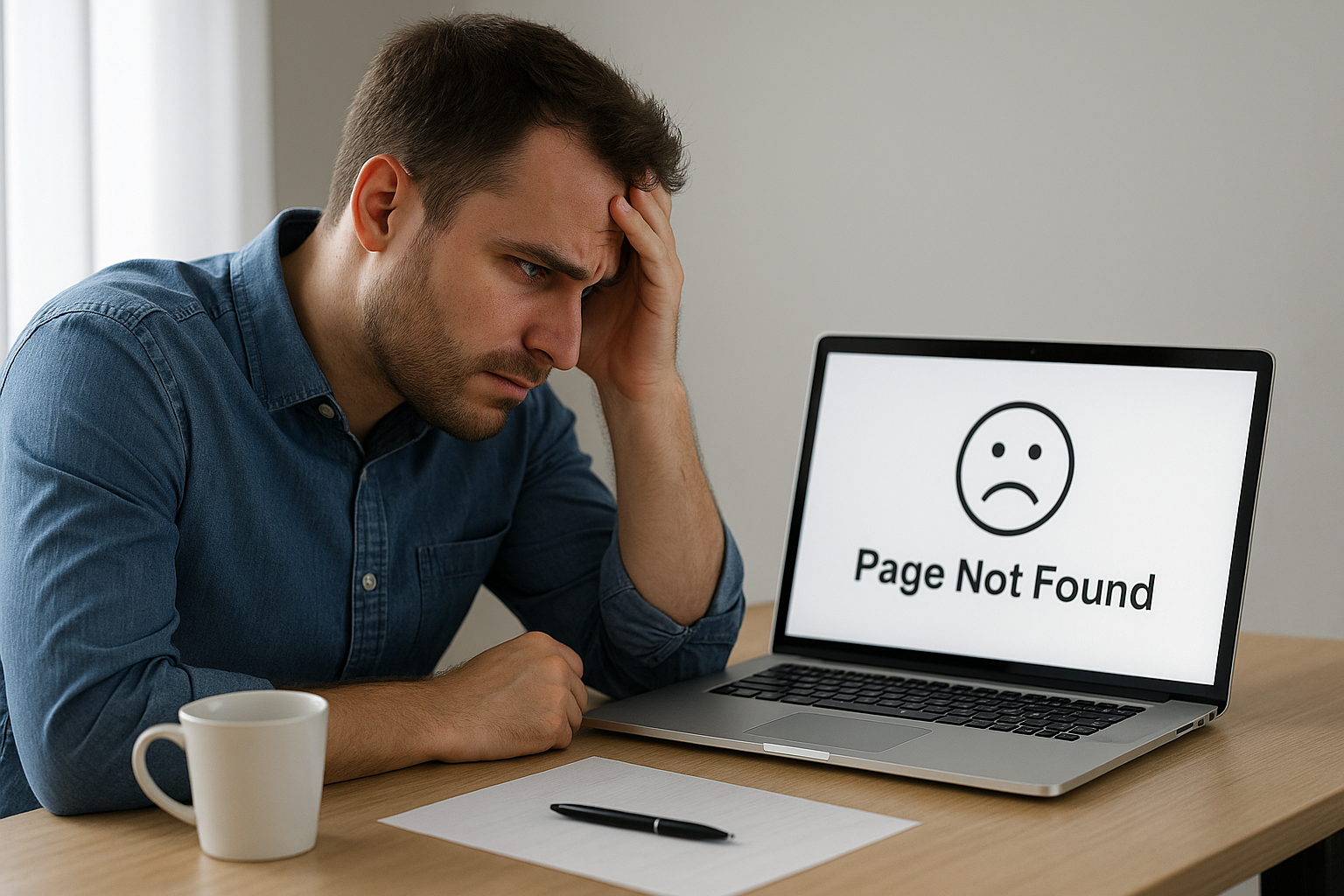 A frustrated man sits at a desk, holding his head in his hand while looking at a laptop screen that displays a sad face icon and the message “Page Not Found.” A coffee mug, pen, and paper rest on the desk beside him.