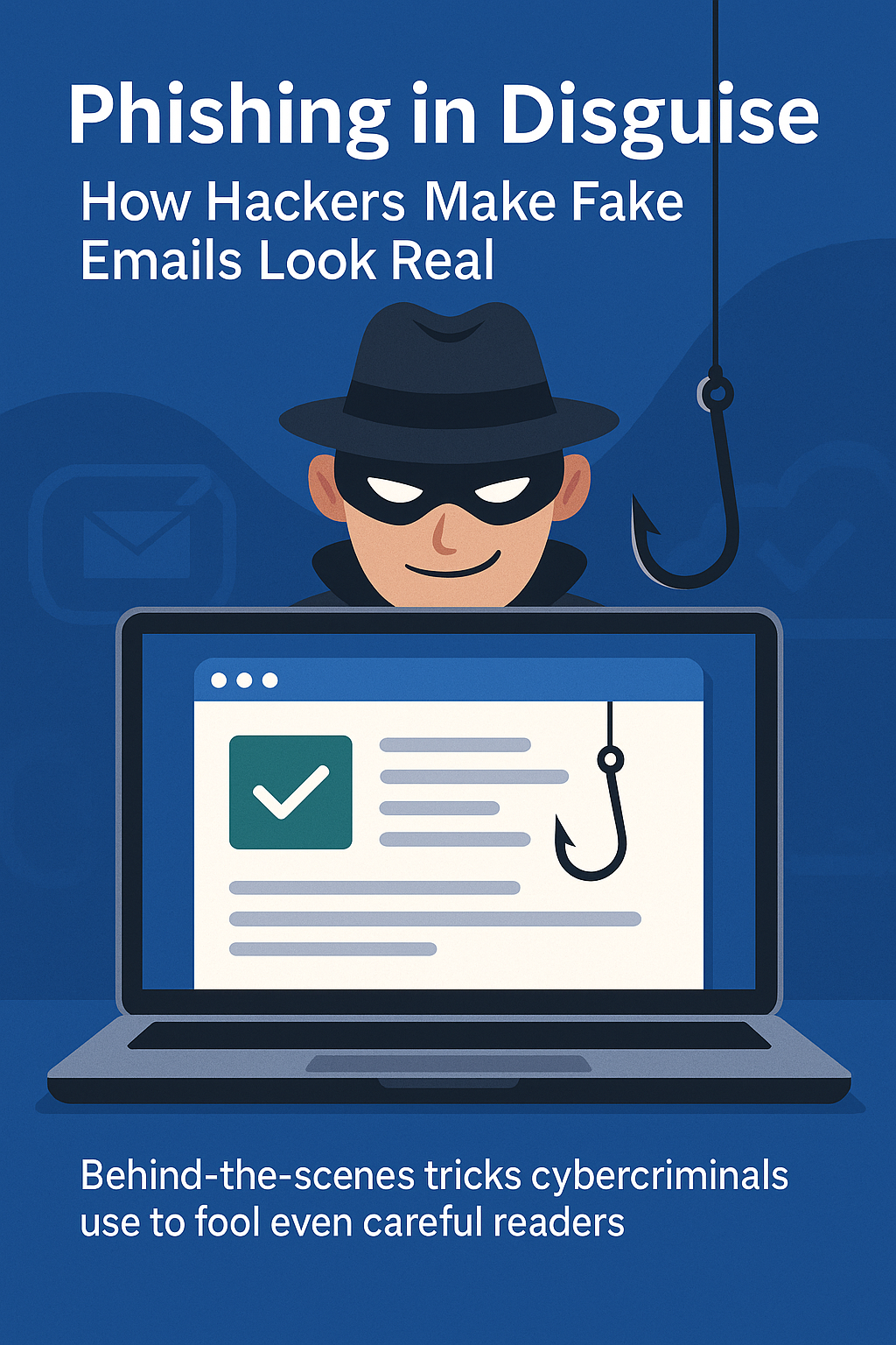 Digital illustration of a masked hacker in dark clothing above a laptop showing a phishing email, with a fishing hook symbolizing deceptive cyberattacks.