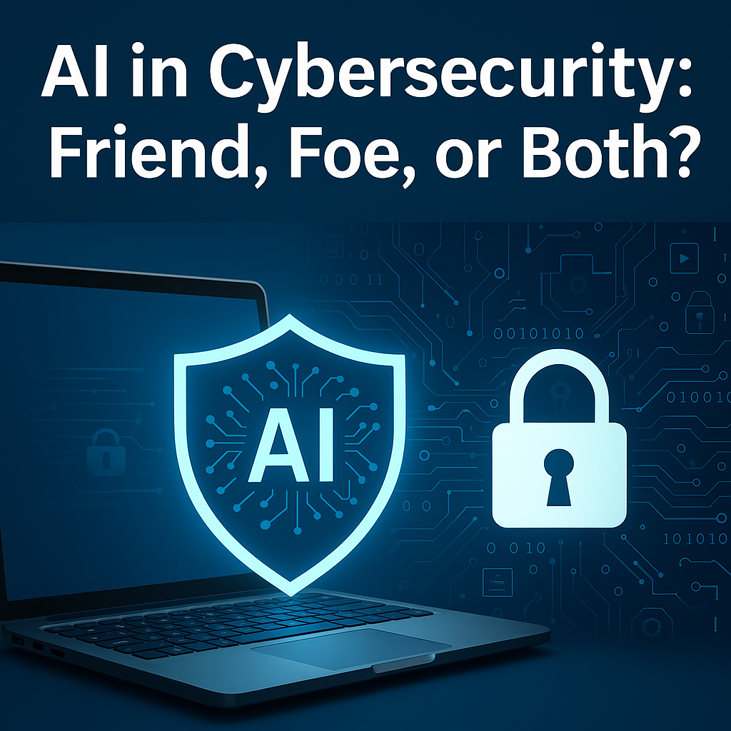 AI in Cybersecurity Featured Image Digital illustration showing a laptop with a glowing AI shield and padlock icon, symbolizing AI-driven cybersecurity protection on a blue tech background