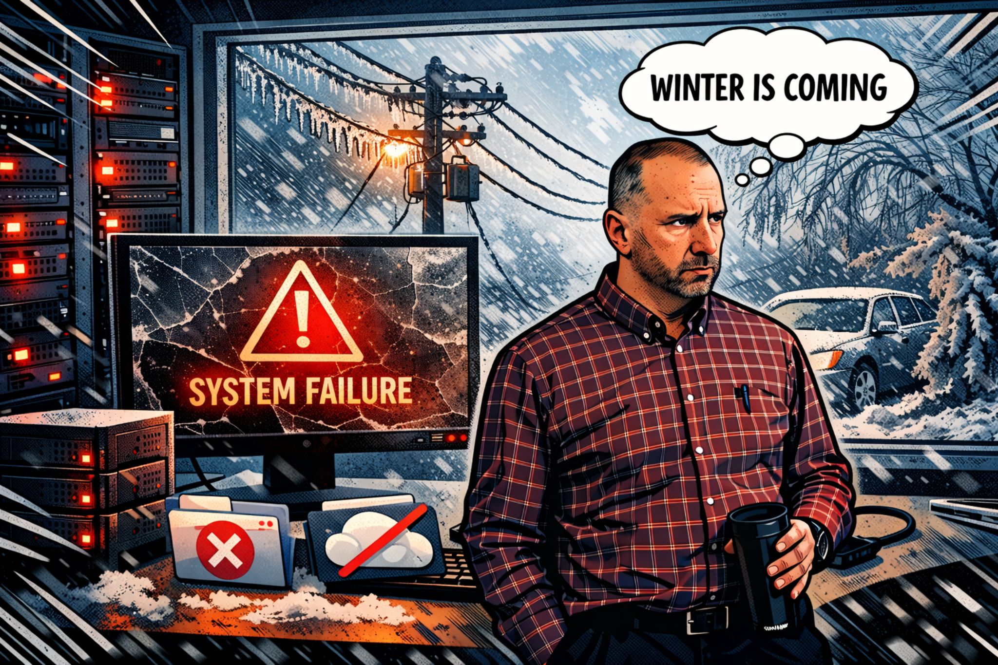 Comic-style illustration showing a system failure during an ice storm, highlighting the risks businesses face without proper backups and disaster recovery planning.