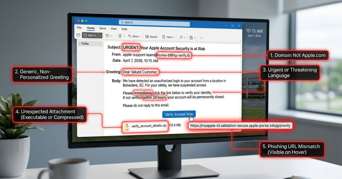 Educational graphic of a phishing email on a laptop screen with red highlights identifying common cyber threat indicators like suspicious links and urgent language.
