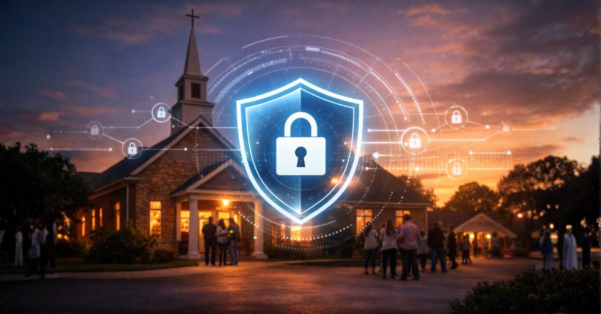 Church building at sunset with a glowing digital security shield overlay, representing cybersecurity protection for churches and safeguarding sensitive ministry and donor data