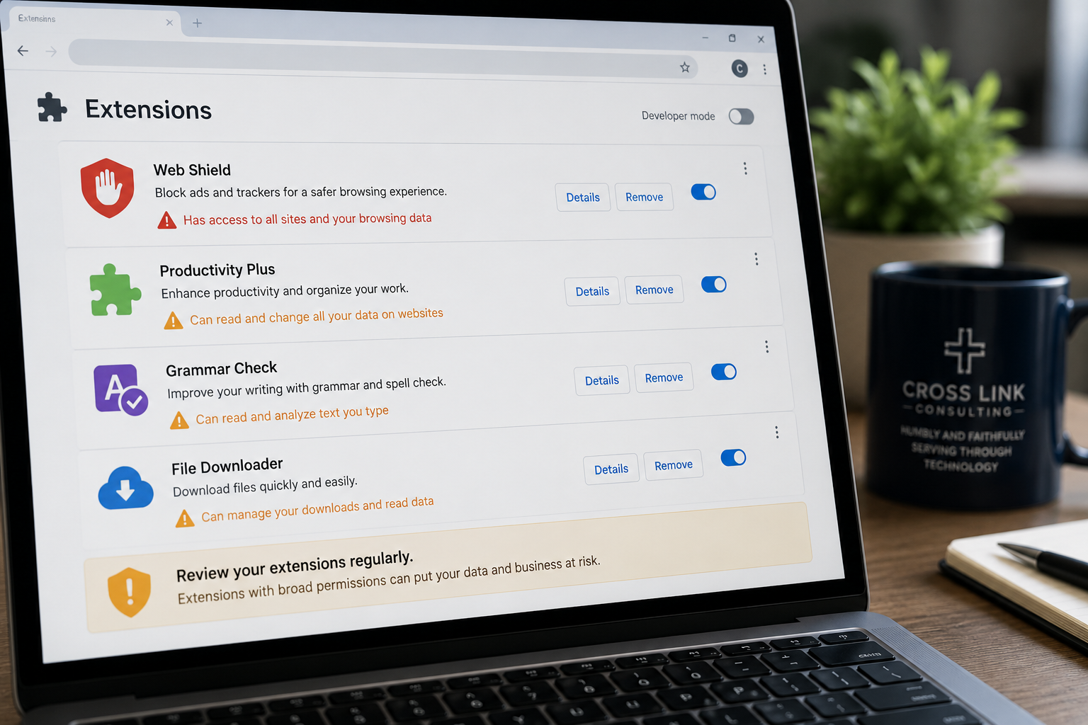 Browser Extension Security Risks and Permission Management Close-up of a laptop displaying browser extensions with security warning indicators and permission alerts, highlighting the cybersecurity risks of excessive browser extension access in a professional business environment.