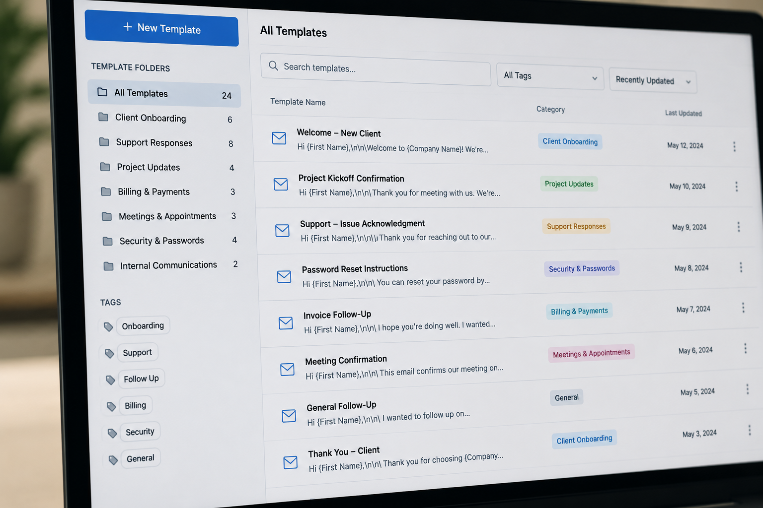 Close-up of a computer screen displaying organized email template folders and standardized response categories used to improve business communication, consistency, and productivity.