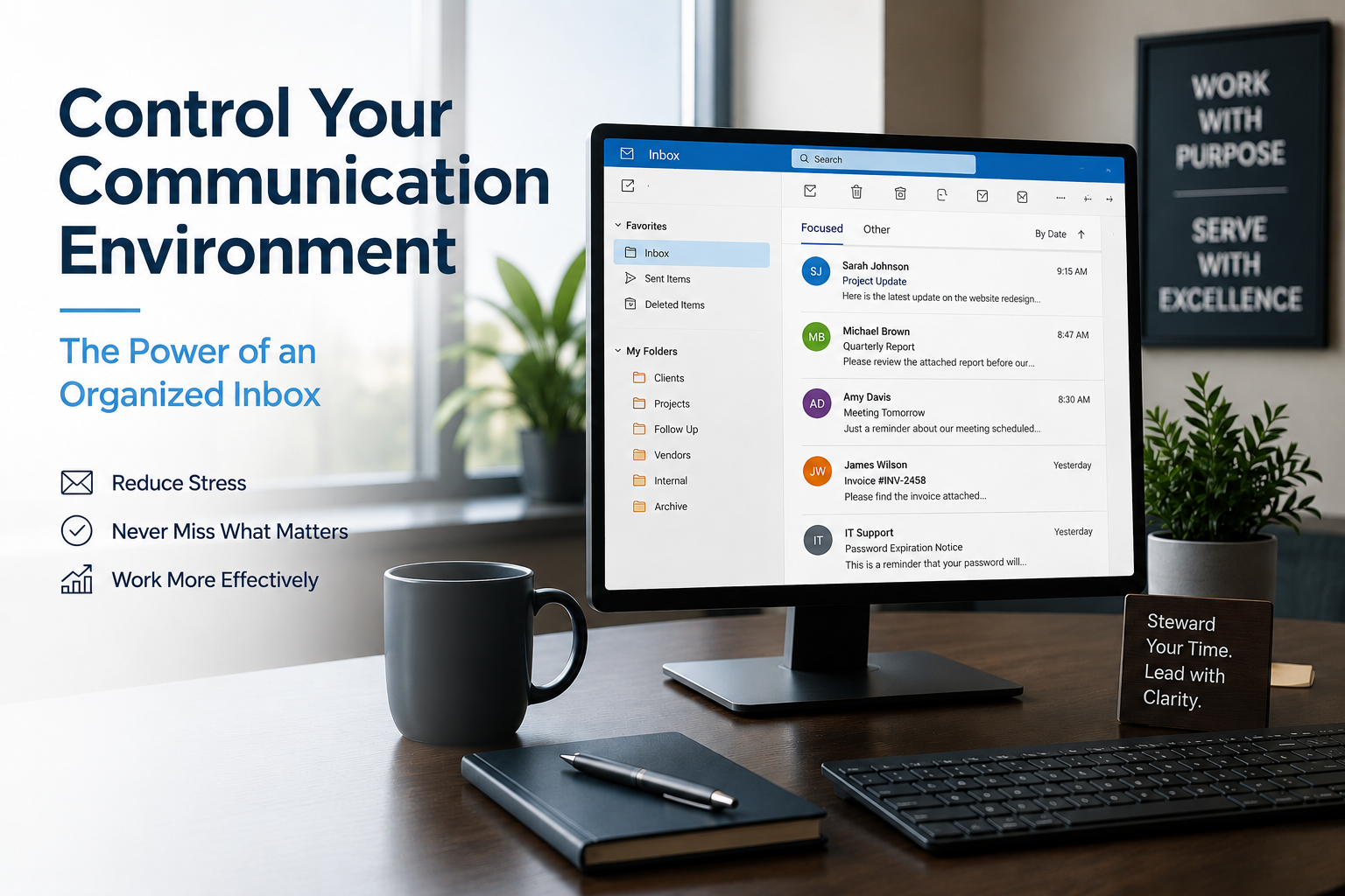 Professional office workspace with a computer displaying an organized email inbox, representing productivity, communication management, and reduced digital clutter for business professionals.