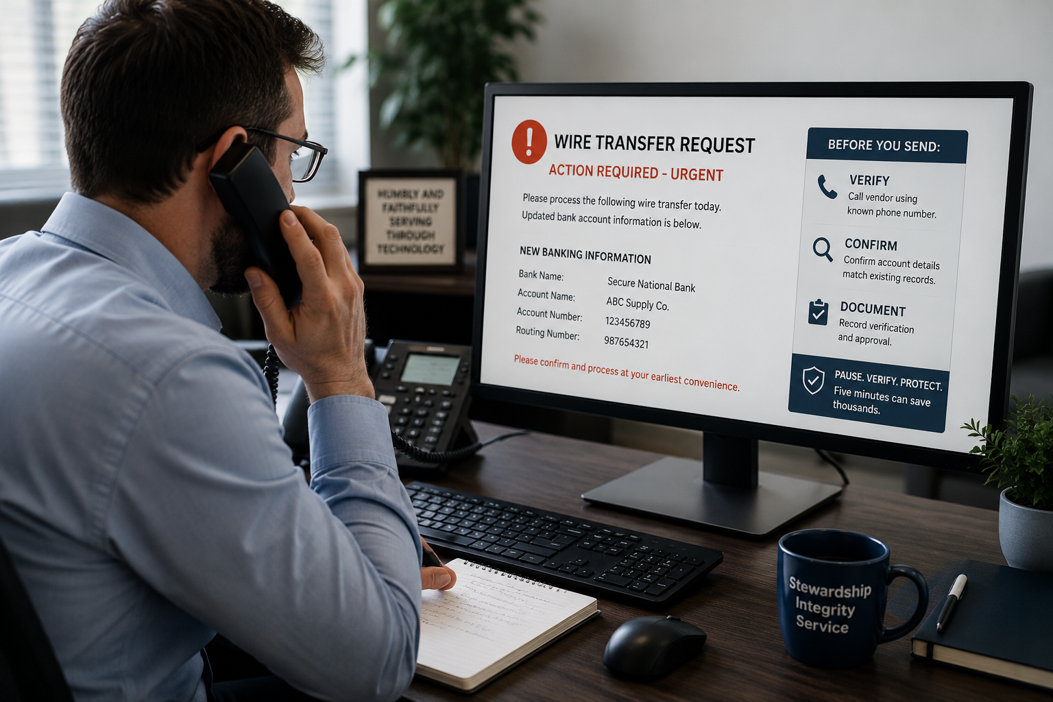 The 5-Minute Rule That Can Prevent Costly Financial Fraud Business professional verifies an urgent wire transfer request by phone before approving payment, demonstrating financial fraud prevention, vendor verification, and secure business processes.