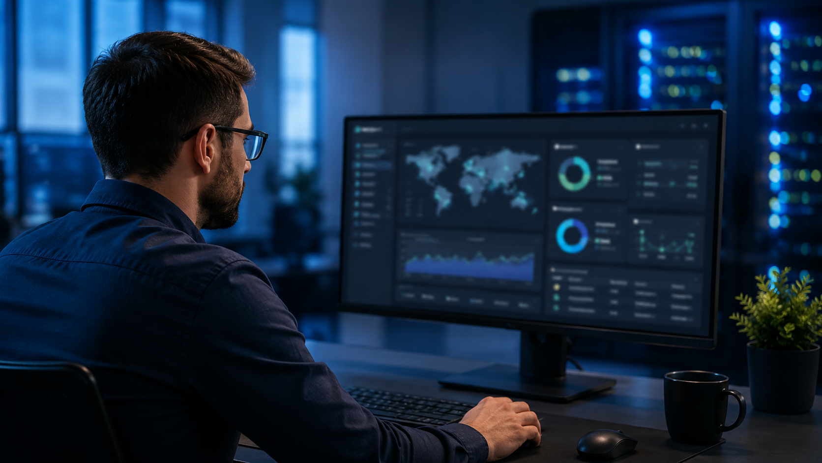 Firewall and VPN Security Monitoring Network administrator reviewing a secured firewall and VPN monitoring dashboard on a widescreen computer in a professional IT office.