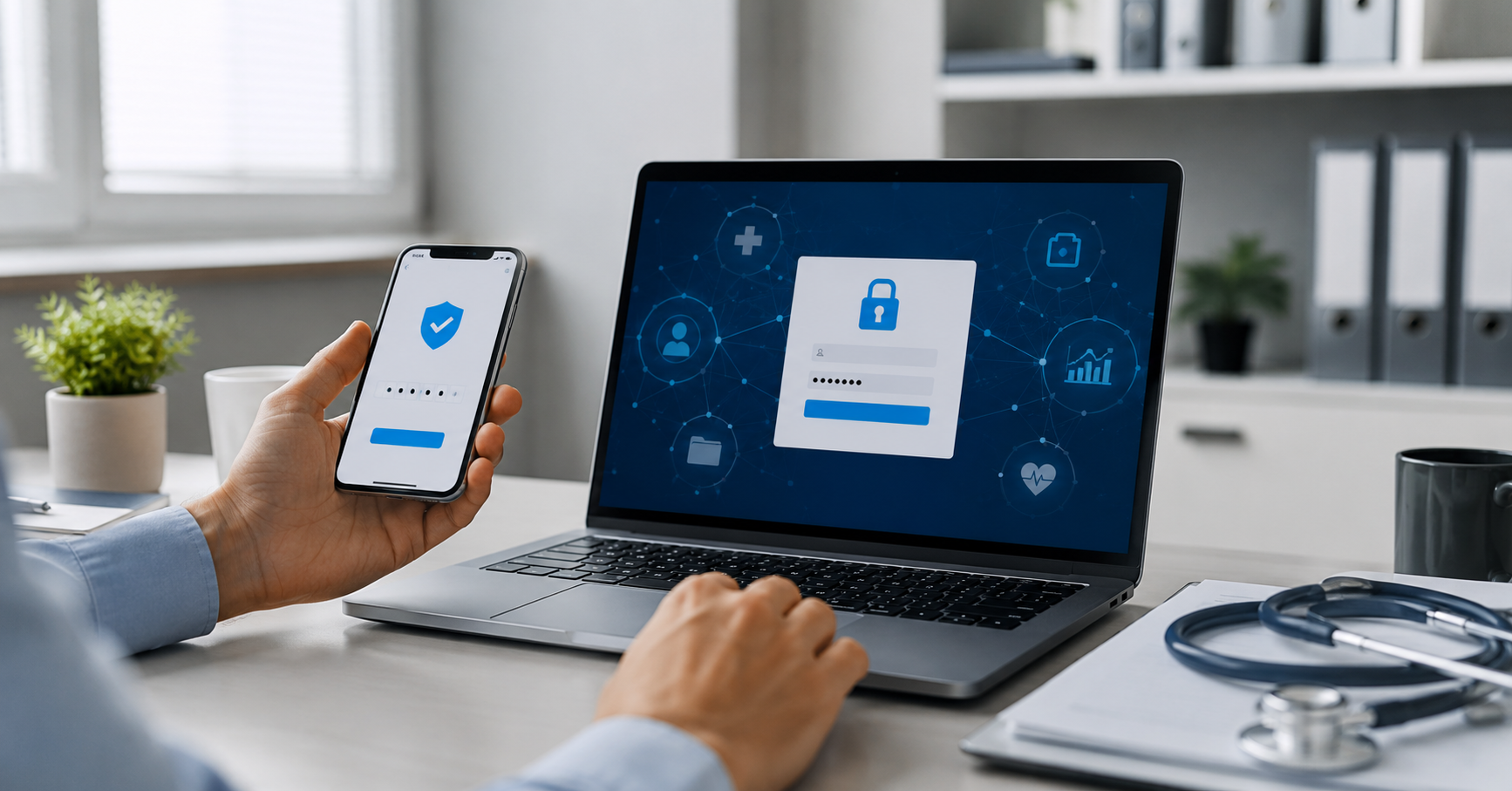 Business professional completing multifactor authentication on a laptop and smartphone in a modern healthcare office, illustrating secure login practices that help protect business systems.