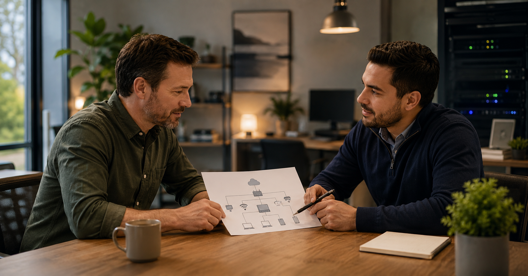 Business owner and MSP advisor building a trusted technology relationship over coffee.