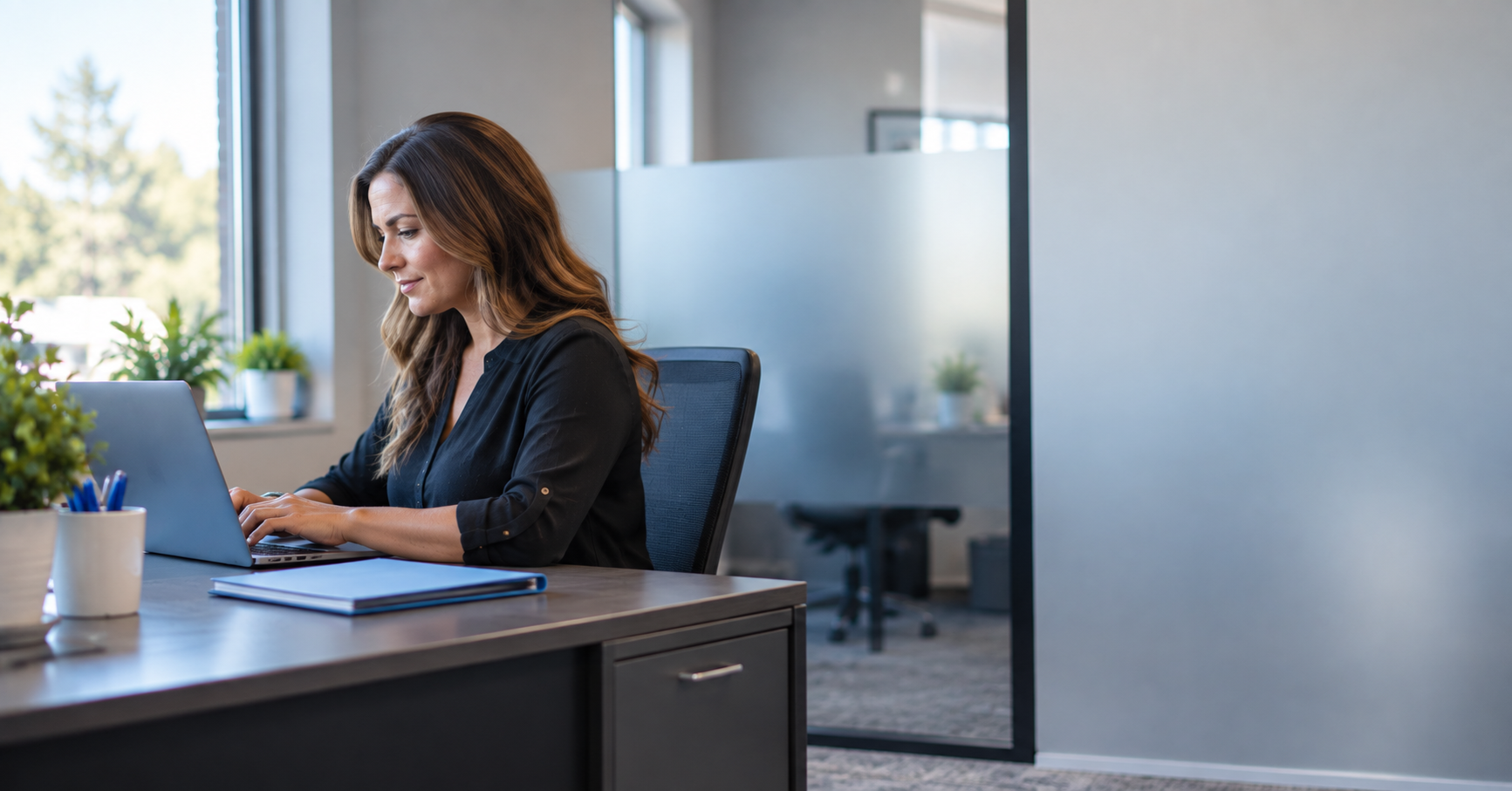 Businesswoman working at a desk in a modern office with a frosted glass partition separating her workspace from the rest of the room.
