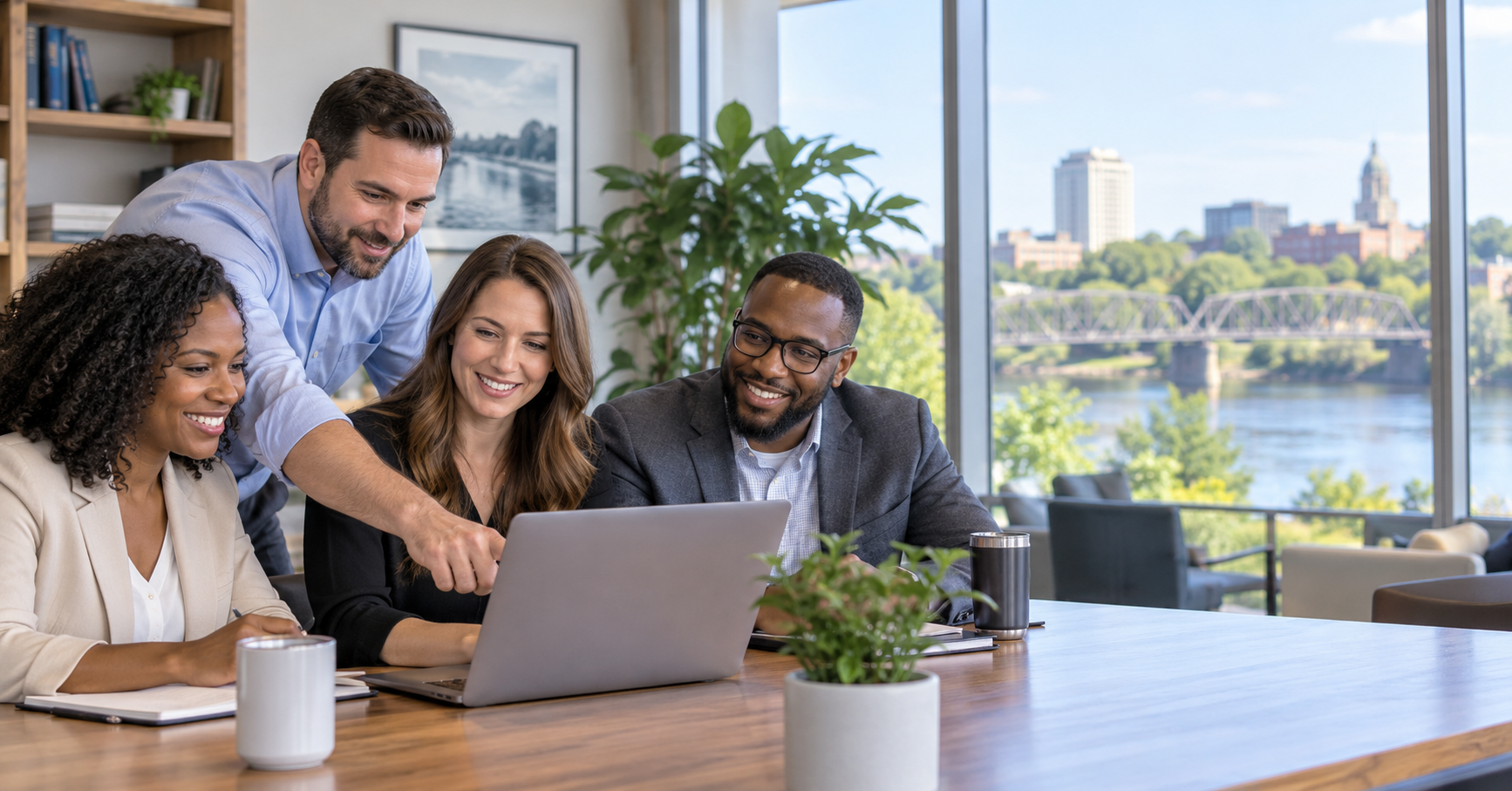 A team of coworkers gathered around a laptop in a bright office, collaborating on a cybersecurity training session.