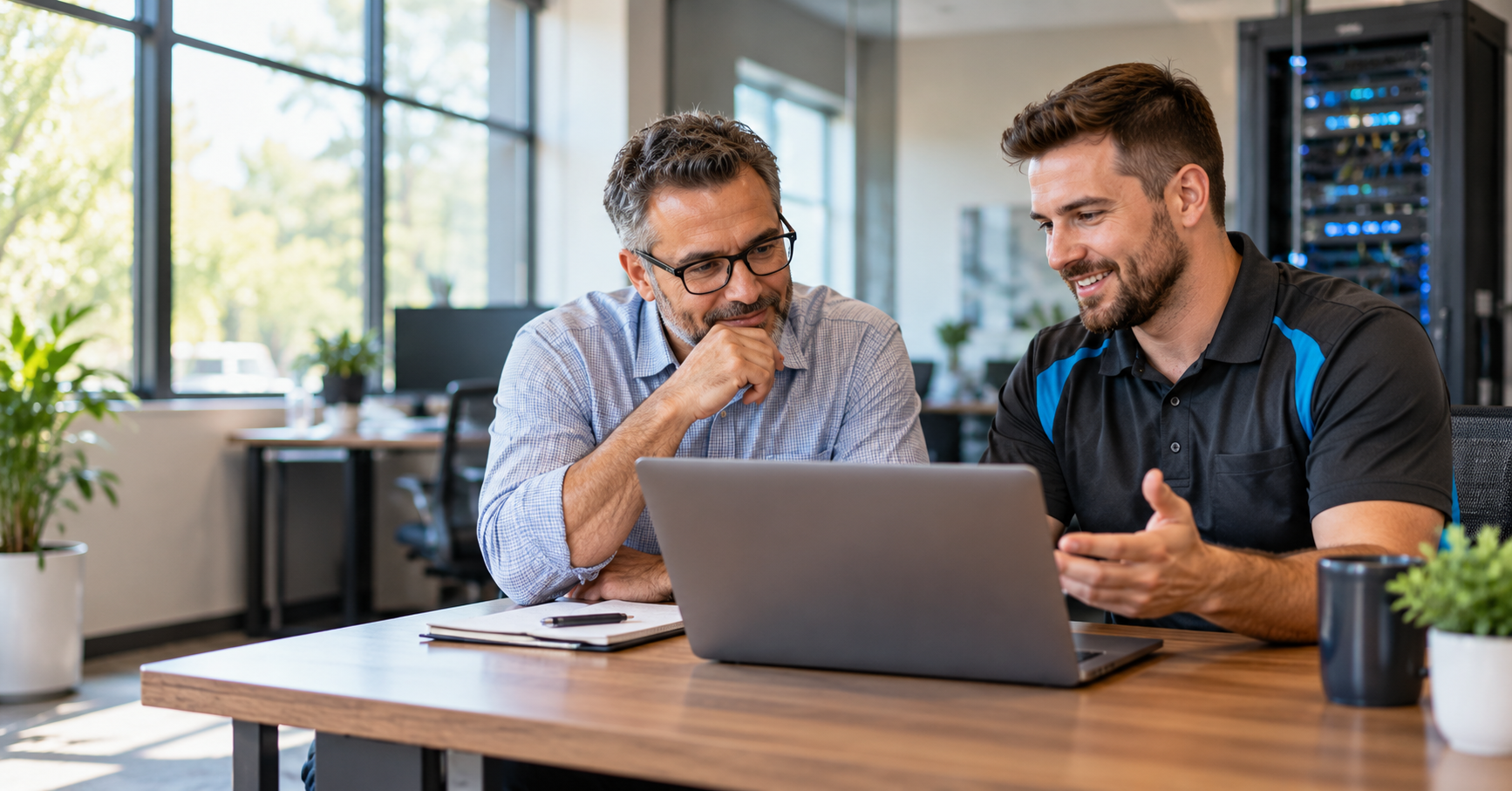 Business owner and IT professional reviewing laptop together in a small business office.